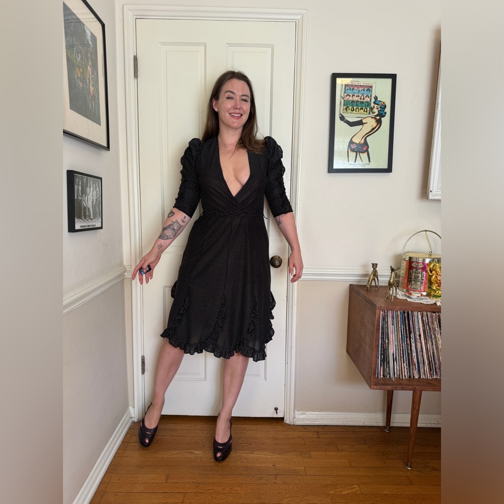 70s Vintage Fredrick’s of Hollywood Polkadot Dress with Puff Shoulders